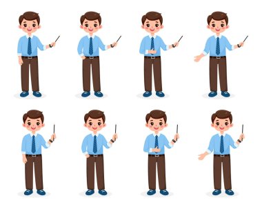 Farklı gülümseyen ve kravat takmış arkadaş canlısı iş adamı öğretmen beyaz arka planda tahta kalem gösteriyor. Çizgi film tarzında vektör illüstrasyonu