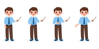 Farklı gülümseyen ve kravat takmış arkadaş canlısı iş adamı öğretmen beyaz arka planda tahta kalem gösteriyor. Çizgi film tarzında vektör illüstrasyonu