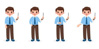 Farklı gülümseyen ve kravat takmış arkadaş canlısı iş adamı öğretmen beyaz arka planda tahta kalem gösteriyor. Çizgi film tarzında vektör illüstrasyonu