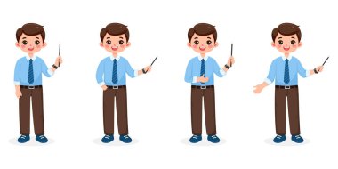 Farklı gülümseyen ve kravat takmış arkadaş canlısı iş adamı öğretmen beyaz arka planda tahta kalem gösteriyor. Çizgi film tarzında vektör illüstrasyonu