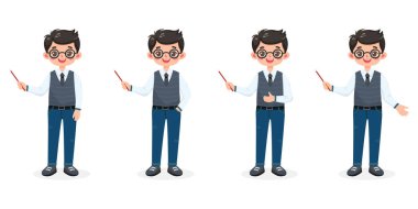 Gözlüklü, gömlekli, yelekli, kravatlı, kot pantolonlu, güler yüzlü ve arkadaş canlısı iş adamı seti beyaz arka planda tahta kalem gösteriyor. Çizgi film tarzında vektör illüstrasyonu