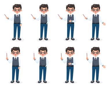 Gözlüklü, gömlekli, yelekli, kravatlı, kot pantolonlu, güler yüzlü ve arkadaş canlısı iş adamı seti beyaz arka planda tahta kalem gösteriyor. Çizgi film tarzında vektör illüstrasyonu