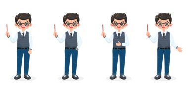 Gözlüklü, gömlekli, yelekli, kravatlı, kot pantolonlu, güler yüzlü ve arkadaş canlısı iş adamı seti beyaz arka planda tahta kalem gösteriyor. Çizgi film tarzında vektör illüstrasyonu