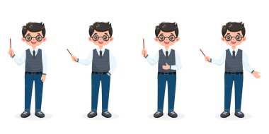 Gözlüklü, gömlekli, yelekli, kravatlı, kot pantolonlu, güler yüzlü ve arkadaş canlısı iş adamı seti beyaz arka planda tahta kalem gösteriyor. Çizgi film tarzında vektör illüstrasyonu