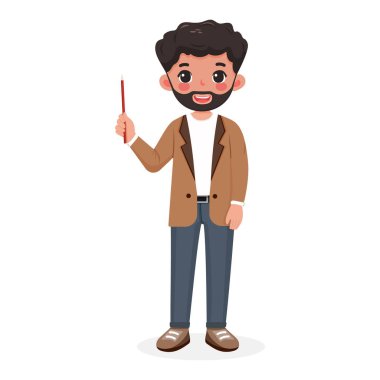 Gülümseyen ve şık ceketli sakallı iş adamı öğretmeni beyaz arka planda tahta kalem gösteriyor. Poster, Banner, Flyer. Çizgi film tarzında vektör illüstrasyonu