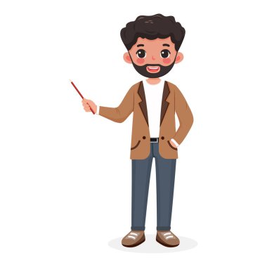 Gülümseyen ve şık ceketli sakallı iş adamı öğretmeni beyaz arka planda tahta kalem gösteriyor. Poster, Banner, Flyer. Çizgi film tarzında vektör illüstrasyonu