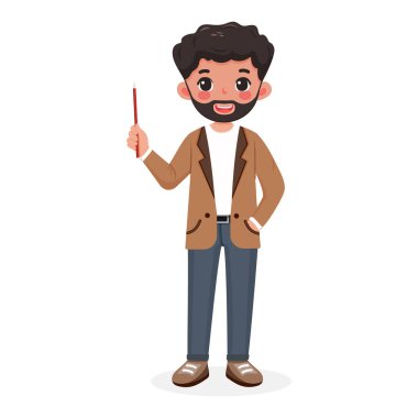 Gülümseyen ve şık ceketli sakallı iş adamı öğretmeni beyaz arka planda tahta kalem gösteriyor. Poster, Banner, Flyer. Çizgi film tarzında vektör illüstrasyonu