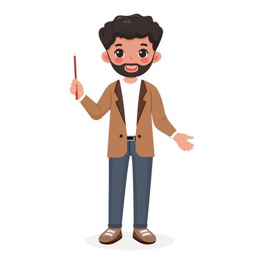 Gülümseyen ve şık ceketli sakallı iş adamı öğretmeni beyaz arka planda tahta kalem gösteriyor. Poster, Banner, Flyer. Çizgi film tarzında vektör illüstrasyonu