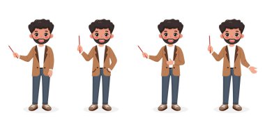 Farklı gülümseyen ve şık bir ceketi olan cana yakın iş adamı öğretmen beyaz arka planda tahta kalem gösteriyor. Çizgi film tarzında vektör illüstrasyonu