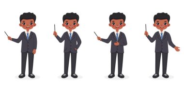 Beyaz arka planda şık bir takım elbise giymiş güler yüzlü ve dost canlısı Afro-Amerikan erkek öğretmenler. Poster, Banner, Flyer. Düz çizgi film stilinde vektör illüstrasyonu