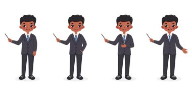 Beyaz arka planda şık bir takım elbise giymiş güler yüzlü ve dost canlısı Afro-Amerikan erkek öğretmenler. Poster, Banner, Flyer. Düz çizgi film stilinde vektör illüstrasyonu