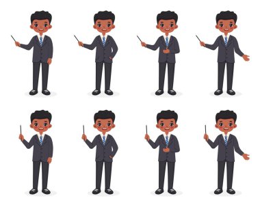 Beyaz arka planda şık bir takım elbise giymiş güler yüzlü ve dost canlısı Afro-Amerikan erkek öğretmenler. Poster, Banner, Flyer. Düz çizgi film stilinde vektör illüstrasyonu