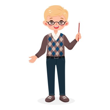 Gülümseyen, gözlüklü, sarı saçlı ve kot pantolonlu bir iş adamı. Çizgi film karakteri beyaz arka planda tahta kalem gösteriyor. Düz biçimli vektör illüstrasyonu