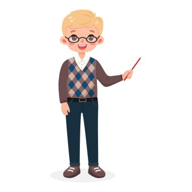 Gülümseyen, gözlüklü, sarı saçlı ve kot pantolonlu bir iş adamı. Çizgi film karakteri beyaz arka planda tahta kalem gösteriyor. Düz biçimli vektör illüstrasyonu