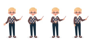 Bir grup farklı gülümseyen, gözlüklü ve sarı saçlı iş adamı öğretmeni. Beyaz arka planda işaretli kalemle çizgi film karakteri. Düz biçimli vektör illüstrasyonu