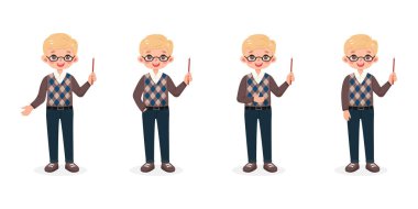 Bir grup farklı gülümseyen, gözlüklü ve sarı saçlı iş adamı öğretmeni. Beyaz arka planda işaretli kalemle çizgi film karakteri. Düz biçimli vektör illüstrasyonu
