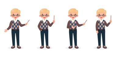 Bir grup farklı gülümseyen, gözlüklü ve sarı saçlı iş adamı öğretmeni. Beyaz arka planda işaretli kalemle çizgi film karakteri. Düz biçimli vektör illüstrasyonu