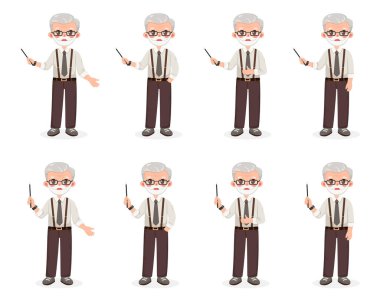 Bir grup farklı gülümseyen, gözlüklü ve sarı saçlı iş adamı öğretmeni. Beyaz arka planda işaretli kalemle çizgi film karakteri. Düz biçimli vektör illüstrasyonu