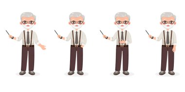 Bir grup farklı gülümseyen, gözlüklü ve sarı saçlı iş adamı öğretmeni. Beyaz arka planda işaretli kalemle çizgi film karakteri. Düz biçimli vektör illüstrasyonu