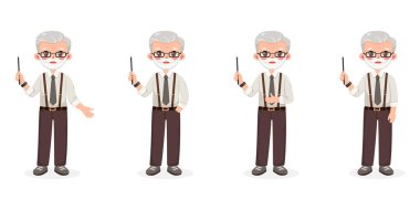 Bir grup farklı gülümseyen, gözlüklü ve sarı saçlı iş adamı öğretmeni. Beyaz arka planda işaretli kalemle çizgi film karakteri. Düz biçimli vektör illüstrasyonu