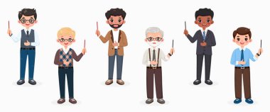 Farklı gülümseyen ve beyaz arka planda sivri uçlu kalemle dost canlısı bir iş adamı. Farklı yaş ve çok uluslu karakterler. Çizgi film tarzında vektör illüstrasyonu