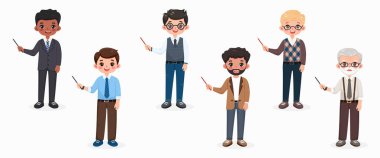 Farklı gülümseyen ve beyaz arka planda sivri uçlu kalemle dost canlısı bir iş adamı. Farklı yaş ve çok uluslu karakterler. Çizgi film tarzında vektör illüstrasyonu