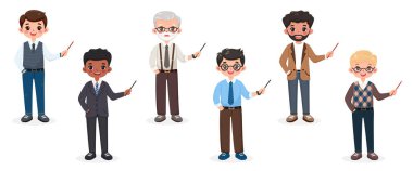 Farklı gülümseyen ve beyaz arka planda sivri uçlu kalemle dost canlısı bir iş adamı. Farklı yaş ve çok uluslu karakterler. Çizgi film tarzında vektör illüstrasyonu