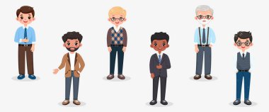 Gri arka planda farklı gülümseyen ve dost canlısı iş adamı öğretmenleri. Farklı yaş ve çok uluslu karakterler. Çizgi film tarzında vektör illüstrasyonu