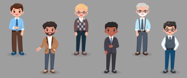 Gri arka planda farklı gülümseyen ve dost canlısı iş adamı öğretmenleri. Farklı yaş ve çok uluslu karakterler. Çizgi film tarzında vektör illüstrasyonu