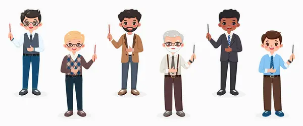 Farklı gülümseyen ve beyaz arka planda sivri uçlu kalemle dost canlısı bir iş adamı. Farklı yaş ve çok uluslu karakterler. Çizgi film tarzında vektör illüstrasyonu