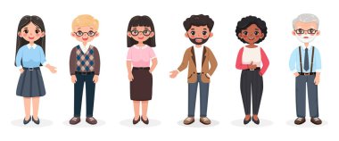 Beyaz arka planda farklı gülümseyen ve arkadaş canlısı iş kadını öğretmenleri. Farklı yaş ve çok uluslu karakterler. Çizgi film tarzında vektör illüstrasyonu