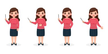 Beyaz arka planda tahta kalemle gülümseyen ve dost canlısı iş kadını öğretmen takımı. Poster, Banner, Flyer. Çizgi film tarzında vektör illüstrasyonu