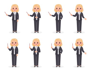 Beyaz arka planda resmi gri bir iş elbisesi içinde tahta kalemle güler yüzlü ve dost canlısı bir iş kadını öğretmeni. Çizgi film tarzında vektör illüstrasyonu