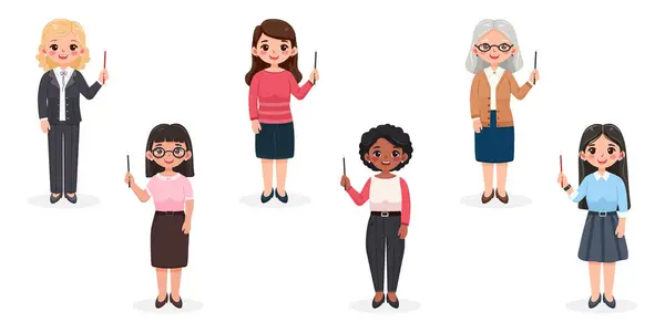 Beyaz arka planda sivri uçlu kalemle gülümseyen ve arkadaş canlısı iş kadını öğretmenleri. Farklı yaş ve çok uluslu karakterler. Çizgi film tarzında vektör illüstrasyonu