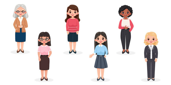 Set of different standing smiling and friendly business woman teacher on white background. Character of different age and multinationals. Vector illustration in flat cartoon style