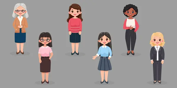 Gri arka planda farklı gülümseyen ve arkadaş canlısı iş kadını öğretmenleri. Farklı yaş ve çok uluslu karakterler. Çizgi film tarzında vektör illüstrasyonu