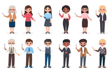 Bir dizi güler yüzlü iş adamı ve kalem tutan kadın. Öğretmen beyaz arka planda duruyor. Farklı yaş ve çok uluslu karakterler. Çizgi film tarzında vektör illüstrasyonu