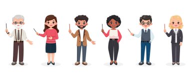Bir dizi güler yüzlü iş adamı ve kalem tutan kadın. Öğretmen beyaz arka planda duruyor. Farklı yaş ve çok uluslu karakterler. Çizgi film tarzında vektör illüstrasyonu