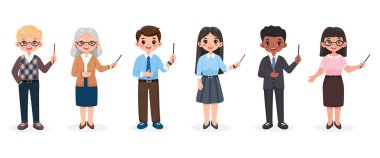 Bir dizi güler yüzlü iş adamı ve kalem tutan kadın. Öğretmen beyaz arka planda duruyor. Farklı yaş ve çok uluslu karakterler. Çizgi film tarzında vektör illüstrasyonu