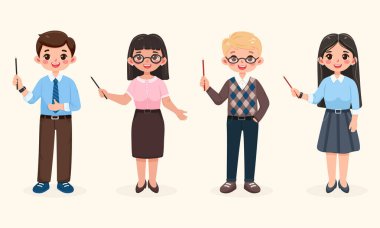 Bir dizi güler yüzlü iş adamı ve kalem tutan kadın. Öğretmen arka planda duruyor. Farklı yaş ve çok uluslu karakterler. Çizgi film tarzında vektör illüstrasyonu