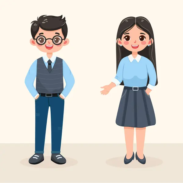 Farklı yaşlardan ve ofis kıyafetlerinden gülümseyen, dost canlısı, çok uluslu insanlar. Farklı milletlerden karakterler, kadın ve erkek, arka planda dururlar. Çizgi film tarzında vektör illüstrasyonu