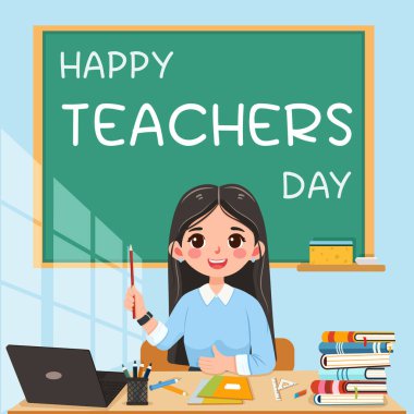 Gülümseyen öğretmen kadın mavi arka planda sınıftaki okul masasında oturuyor. Öğretmenler Günü, Eğitim Konsepti. Poster, Banner, Flyer, Şablon. Çizgi film tarzında vektör illüstrasyonu