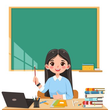 Sınıfta beyaz arka planda, okul masasında oturan gülümseyen öğretmen kadın. Öğretmenler Günü, Eğitim Konsepti. Poster, Banner, Flyer, Şablon. Çizgi film tarzında vektör illüstrasyonu