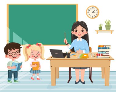 Sınıfta beyaz arka planda, okul masasında oturan gülümseyen öğretmen kadın. Öğretmenler Günü, Eğitim Konsepti. Poster, Banner, Flyer, Şablon. Çizgi film tarzında vektör illüstrasyonu