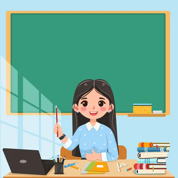 Gülümseyen öğretmen kadın mavi arka planda sınıftaki okul masasında oturuyor. Öğretmenler Günü, Eğitim Konsepti. Poster, Banner, Flyer, Şablon. Çizgi film tarzında vektör illüstrasyonu
