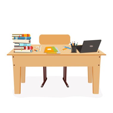 Ahşap okul masası, beyaz arka planda kitaplar, dizüstü bilgisayarlar ve okul malzemeleri. Okula dönüş kavramı. Çizgi film tarzında vektör illüstrasyonu