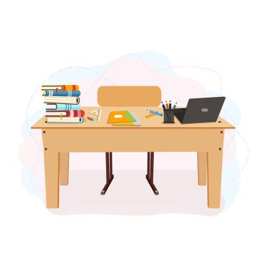 Ahşap okul masası, beyaz arka planda kitaplar, dizüstü bilgisayarlar ve okul malzemeleri. Okula dönüş kavramı. Çizgi film tarzında vektör illüstrasyonu
