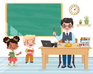 Sınıftaki okul masasında beyaz arka planda çocuklarla oturan öğretmen. Öğretmenler Günü, Eğitim Konsepti. Poster, Banner, Flyer, Şablon. Çizgi film tarzında vektör illüstrasyonu