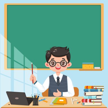 Gülümseyen öğretmen mavi arka planda sınıftaki okul masasında oturuyor. Öğretmenler Günü, Eğitim Konsepti. Poster, Banner, Flyer, Şablon. Çizgi film tarzında vektör illüstrasyonu
