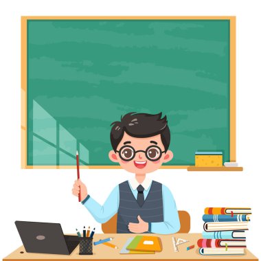 Sınıfta beyaz arka planda, okul masasında oturan gülümseyen öğretmen. Öğretmenler Günü, Eğitim Konsepti. Poster, Banner, Flyer, Şablon. Çizgi film tarzında vektör illüstrasyonu